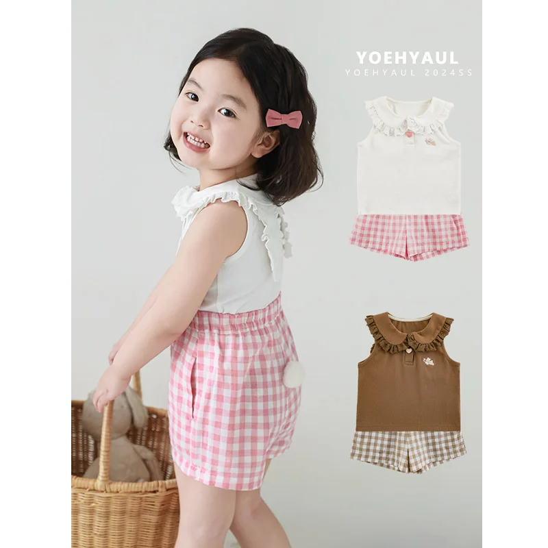 YOEHYAUL X4574 Cotton Two Piece Toddler Shorts Set Plaid Shorts and Top Cute Kids Child Girl Outfit 2Pcs