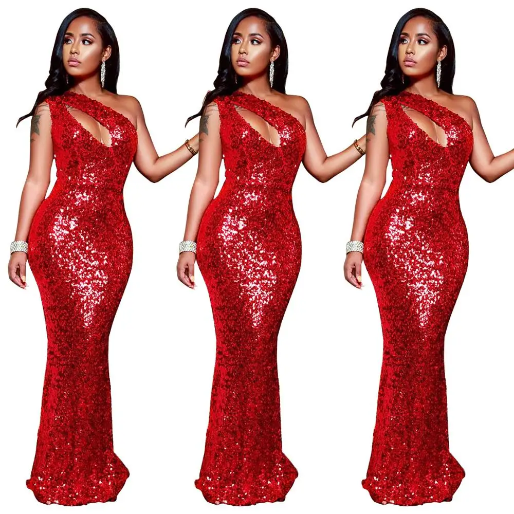 MOQ 1PC FC-Q190  Factory Wholesale Lady One shoulder Bodycon Party sexy Sequins Long Evening Red Wedding Dresses