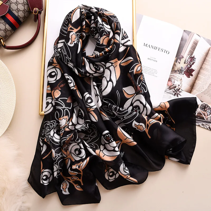 Wholesale 2020 latest summer beach shawl wraps fashion grey flower print oversize long women korean silk scarf