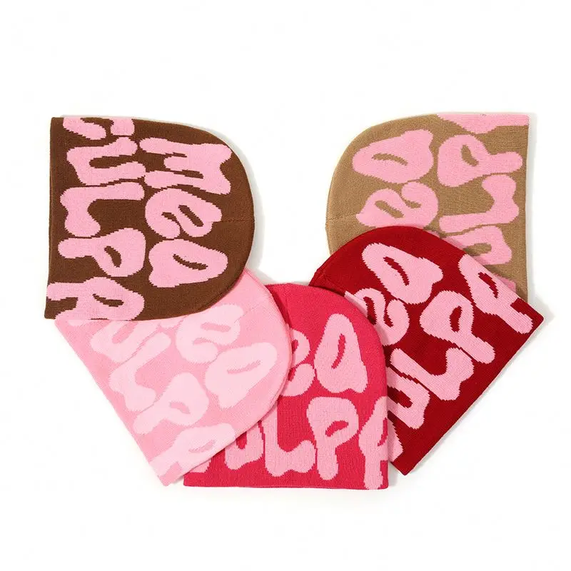 Low MOQ Custom Beanie Manufacturers All Over Print Jacquard Y2K Gothic No Cuff Fold Cuffless Winter Skull Cap Knit Hat With Logo