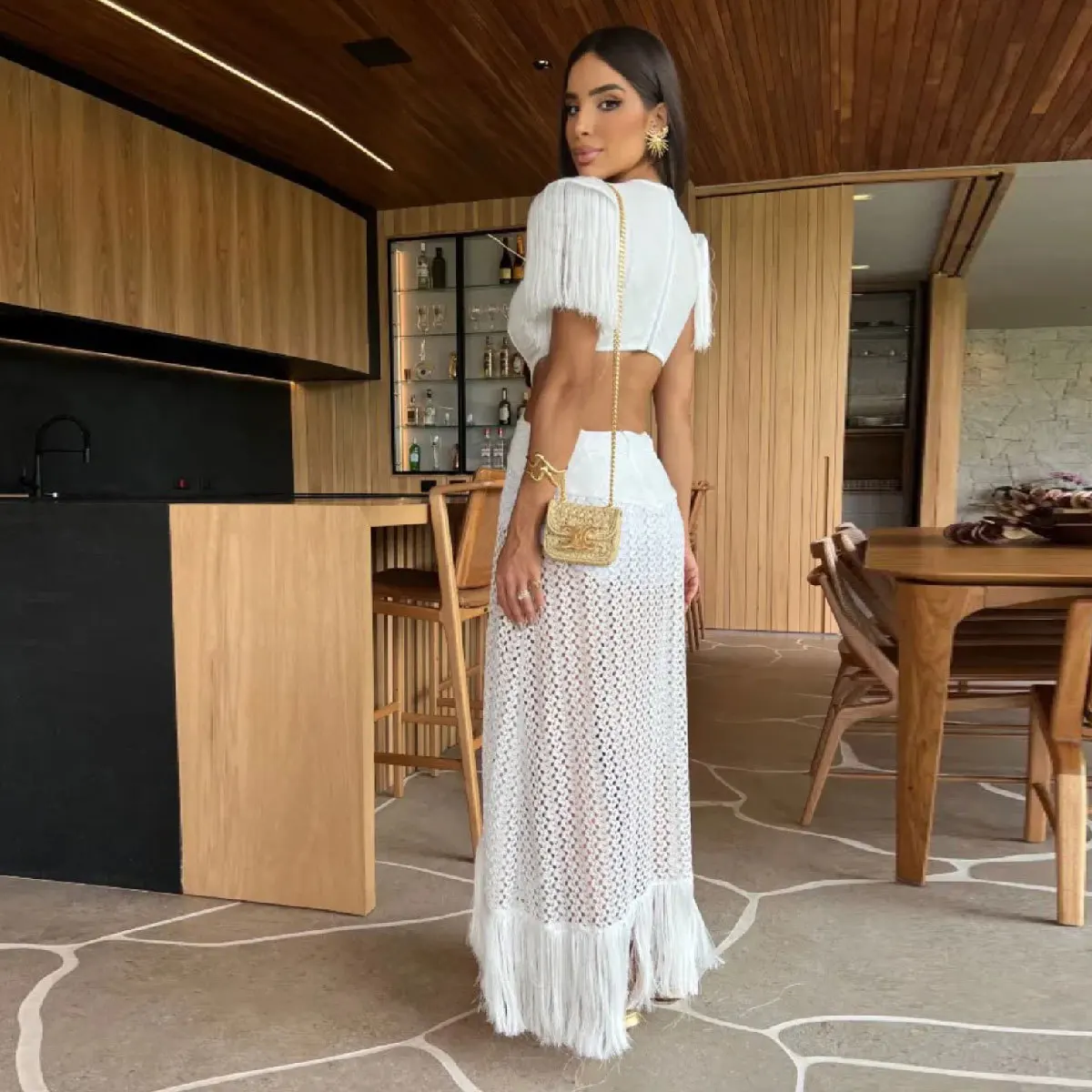 JSN 2024 Sexy White Lace Women Dress Fringe V Neck Tassel Sleeve Slim Naked Waist Hollow Out Tassel Dress Summer Beach Female