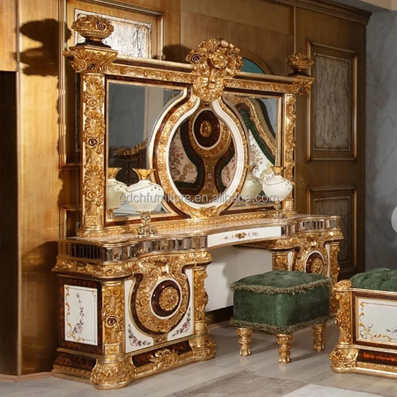 European classical antique bedroom furniture solid wood handmade French luxury royal king size gold foil bed