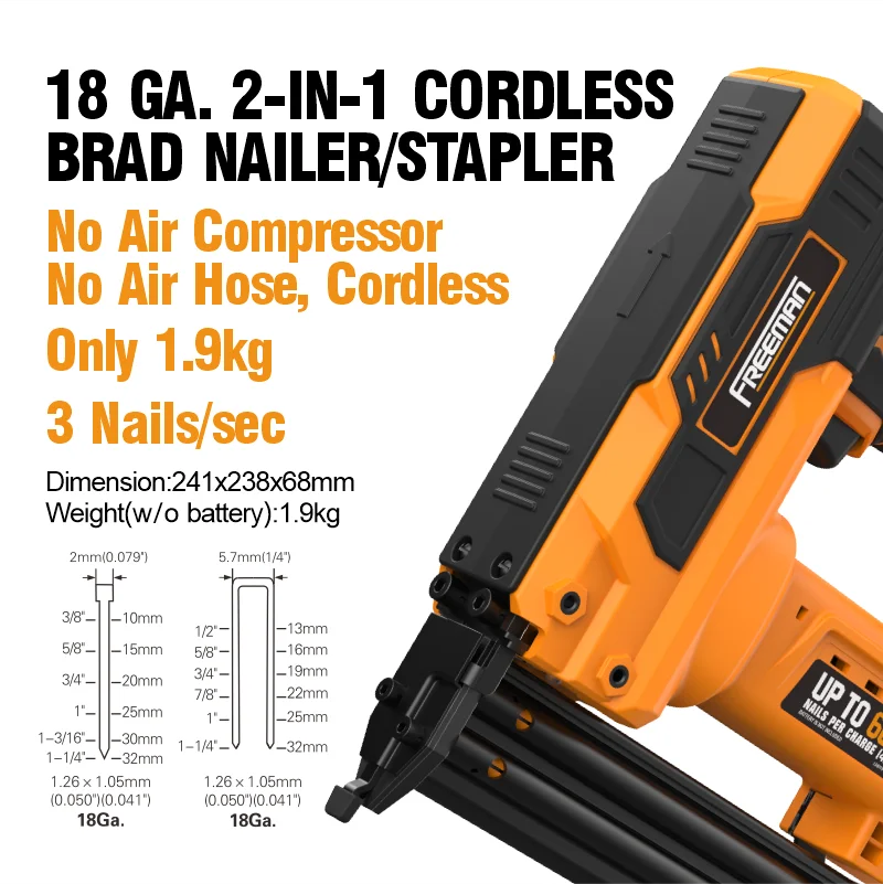 Freeman 18 Gauge 2-In-1 20V Battery 1 1/4 Inch Cordless 90 Series Narrow Crown Stapler Gun And F32 Brad Nailer