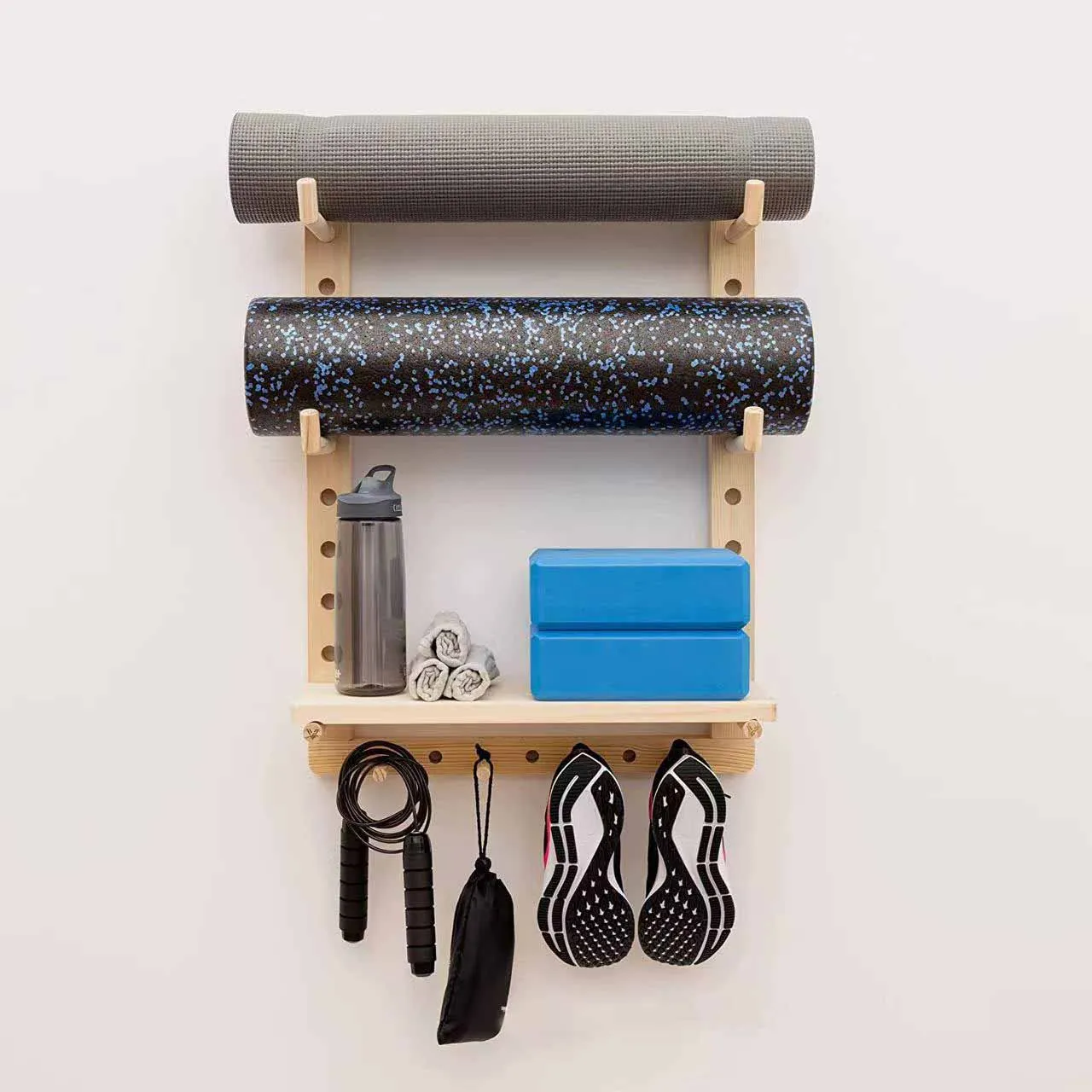 Fully Customizable Yoga Mat Wall Holder Wood Yoga Mat Storage Rack with Shoe Hanger