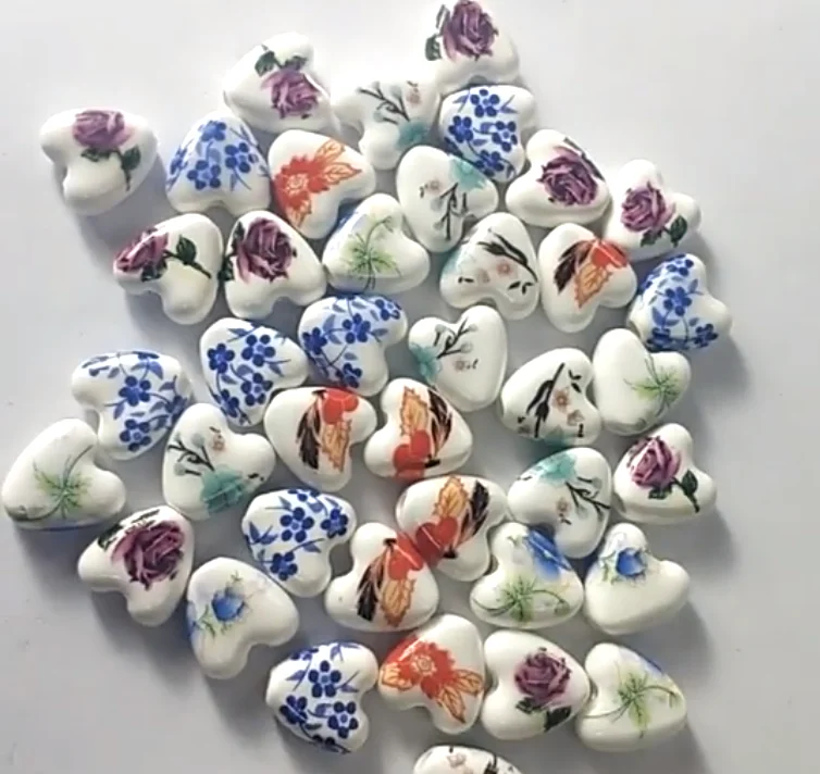 Elegance Heart Shape Ceramic Beads Flower Printing Porcelain Beads For Sale