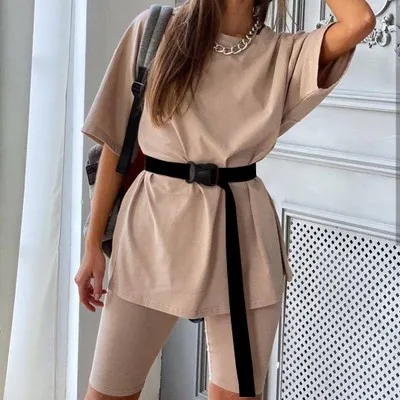 
Fashion Solid Color Sexy Women Two Piece Sets Outfit Summer Bodycon Shorts Bottom Suit And Short Sleeve O Neck Shirt Tops 