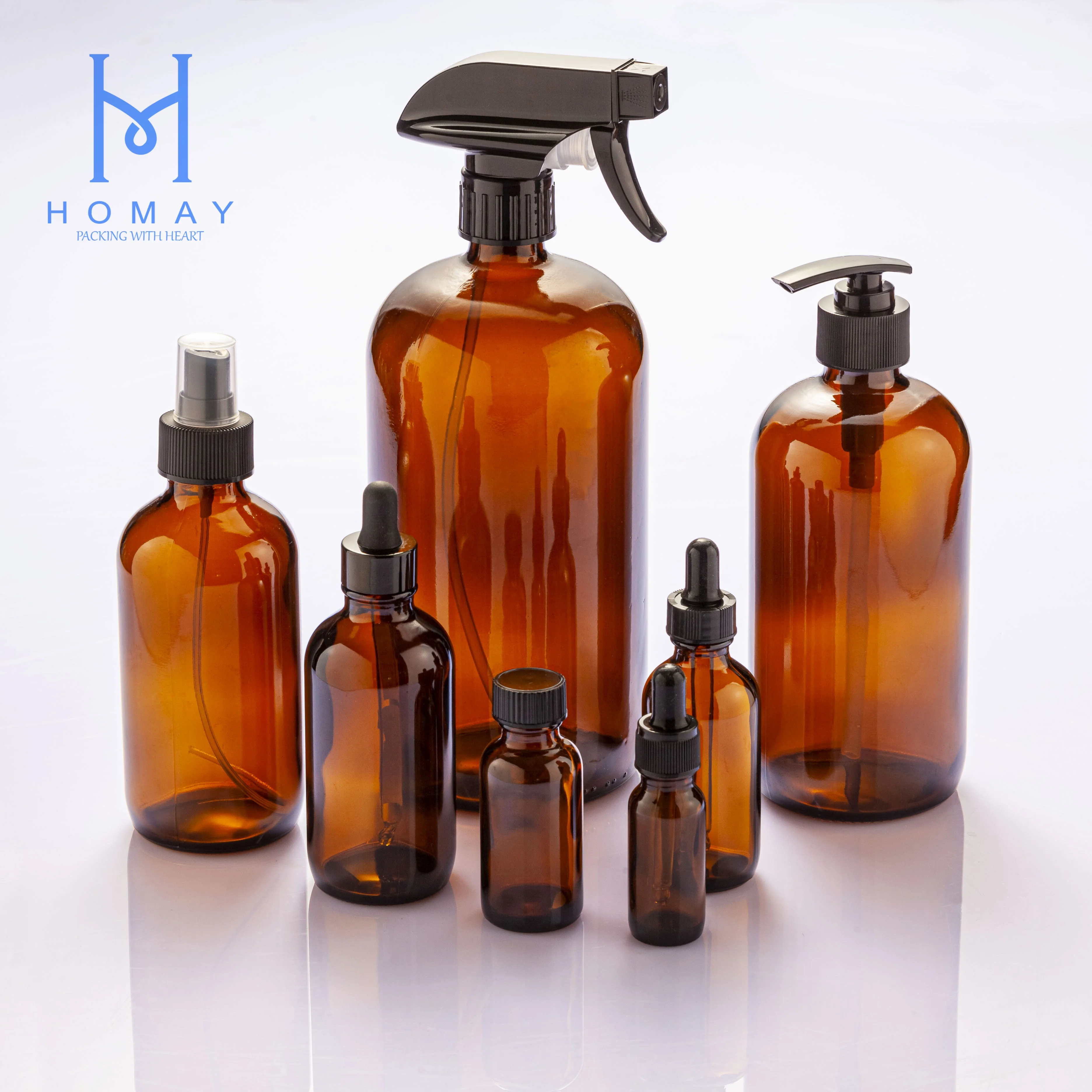 homay packing hot selling 0.5OZ-32OZ amber boston round glass bottle with plastic cap