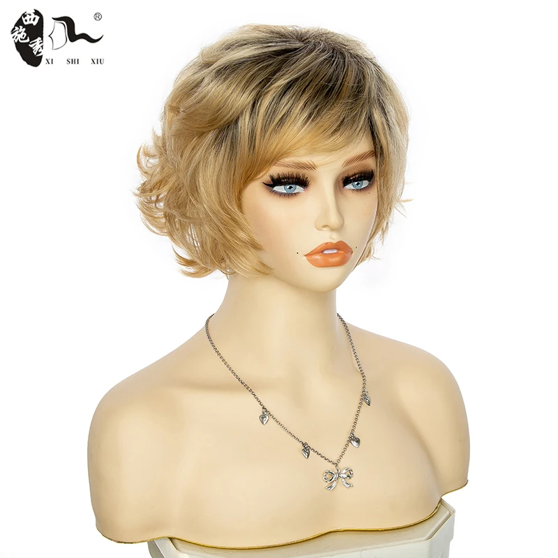 XISHIXIUHAIR Fluffy Short Wig for white women Blonde Synthetic Curly Short Hair Wig Ombre color