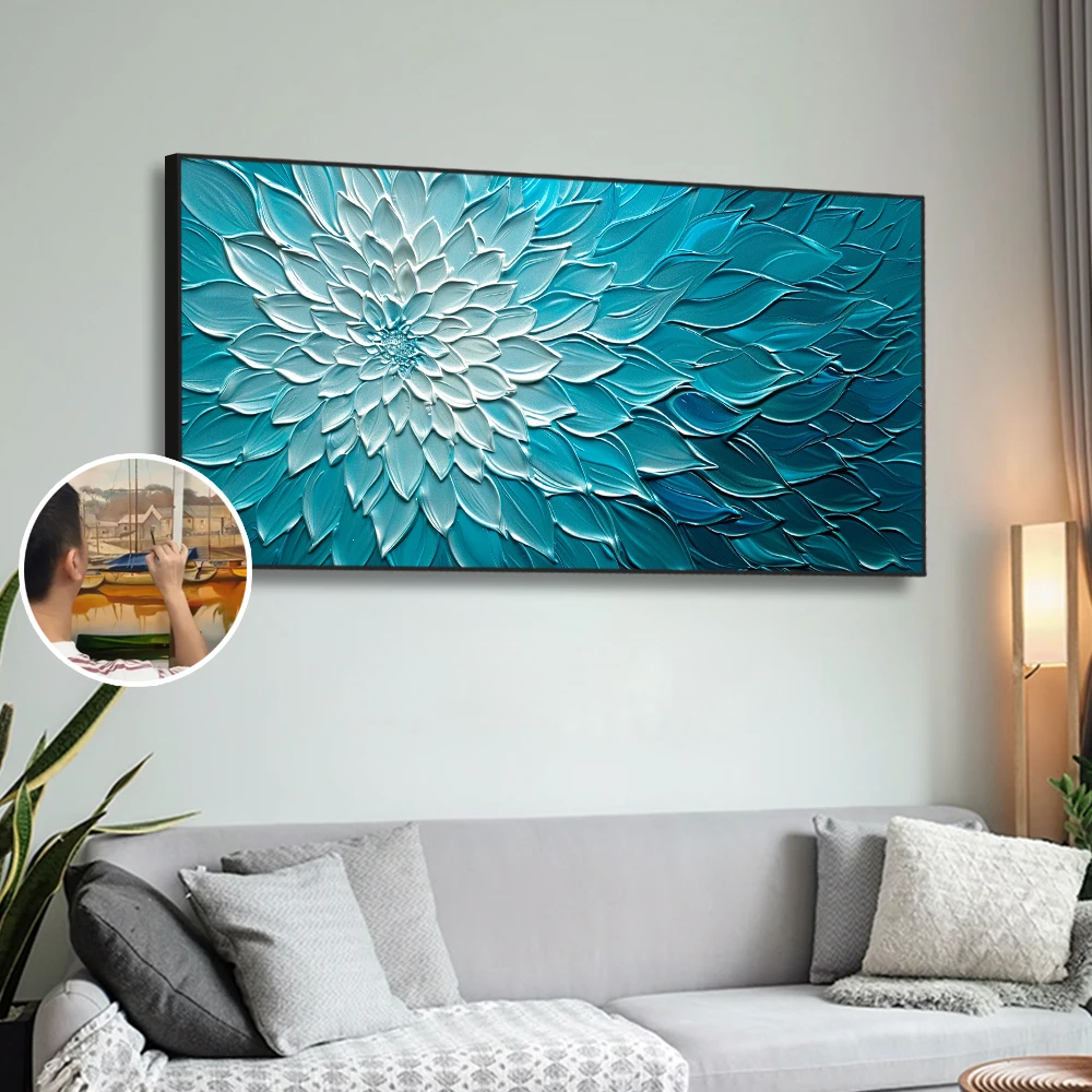 Handmade Modern Oil Painting Canvas Blue White Gradient Color Large Size Flower Wall Decor for Home Bedroom or Office