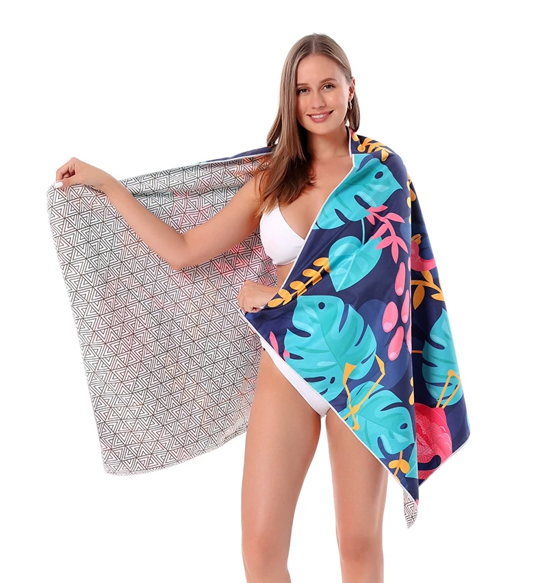 Hot-selling Custom Design Terry Double Side Printed Large Beach Towel Colorful Microfiber Sand Free Beach Towel with Mesh Bag