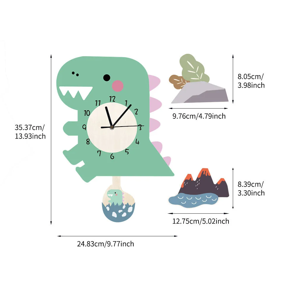 Funlife UWC014 Cartoon Wooden Wall Clock Non-Ticking Silent Animal Clock Green Dinosaur Wall Clock