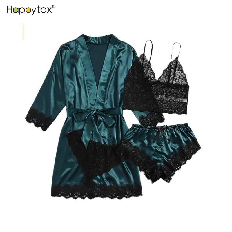 Factory Directly Supply Manufacture Silk Like Wholesale 4 PCS SET Floral Lace Trim Sexy Sleepwear With Custom Logo