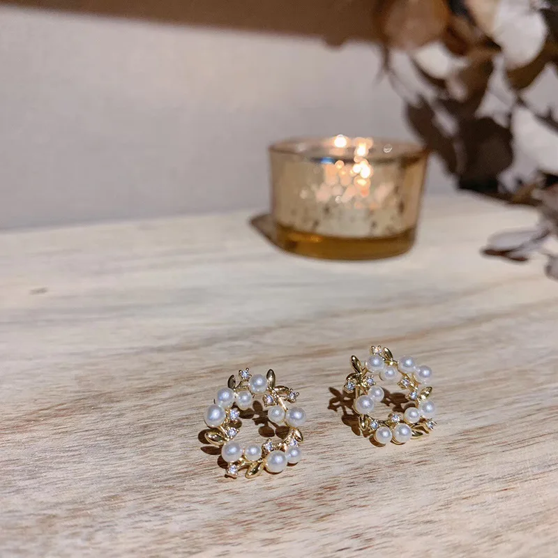 Korean Style Women 925 Circle Olive Branch Pearl Flowers Earrings