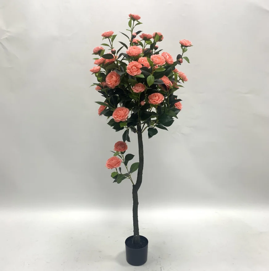 Customized Plastic Bonsai Flower Camellia Green Plant Artificial Rose Tree With Pot for Home Decor