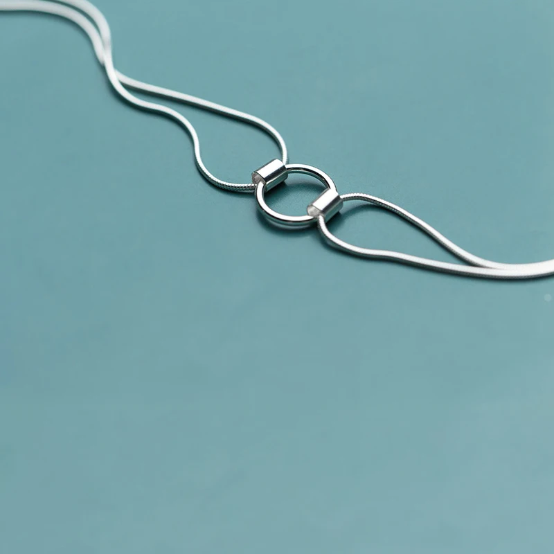 Interlocking Silver Circle Bracelet 925 Sterling Silver Bracelet For Women Geometric Round Double Snake Chain Summer Accessories