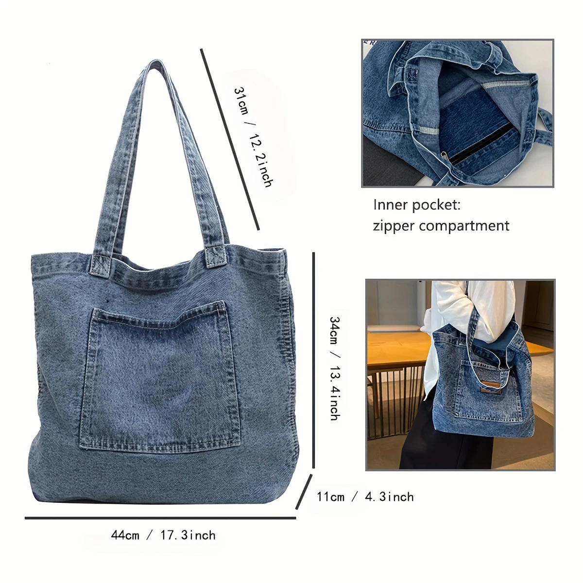Custom Commuting Large Capacity Fashionable Shopping Jean Shoulder Denim Tote Bag