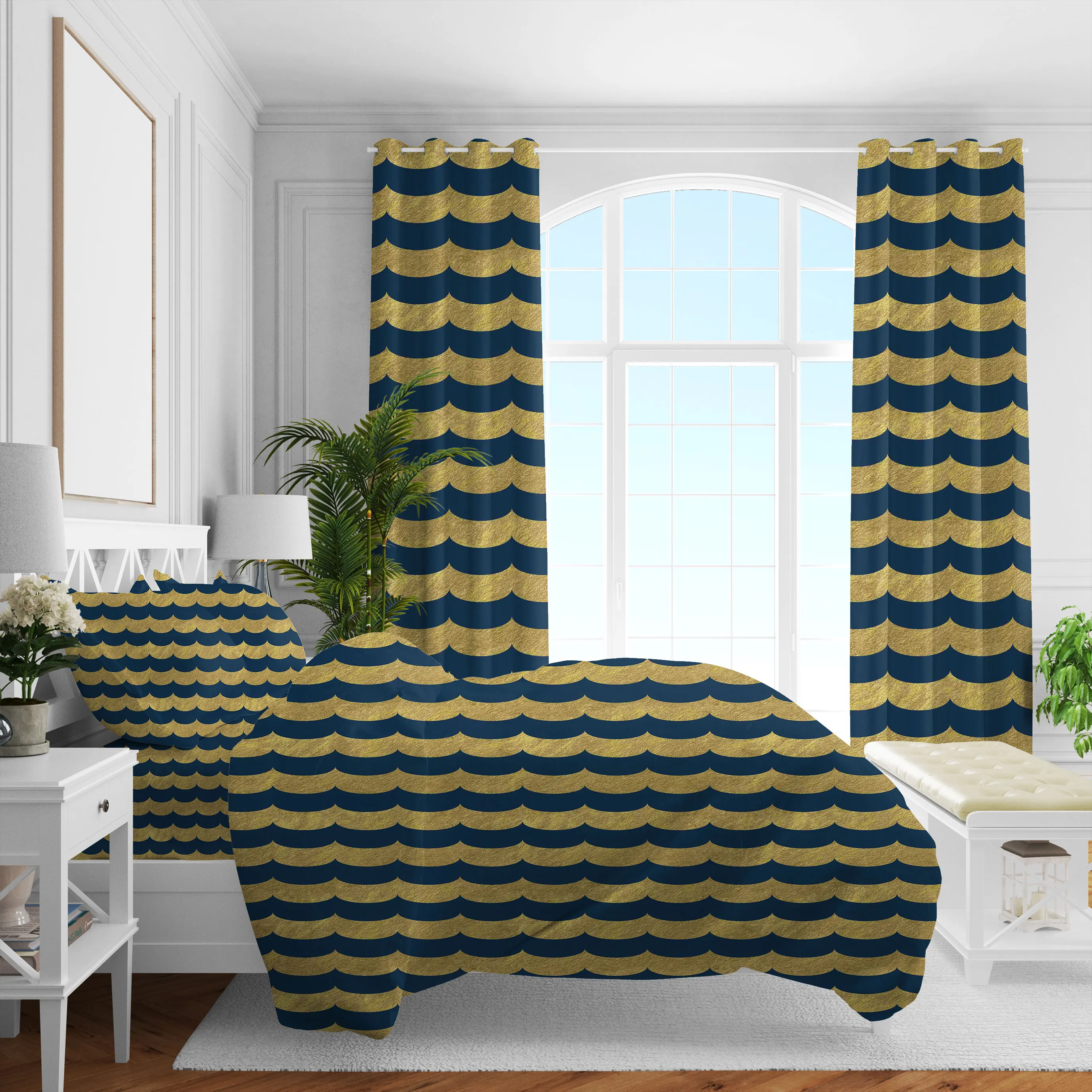 Customizable Wave point design 100% polyester bedding sets with matching curtains blackout curtains home living room