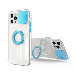 Clear And Colorful Sliding Window Case With Ring For iPhone 14 Camera Lens Protection Designer Built-in Kickstand Ring Case