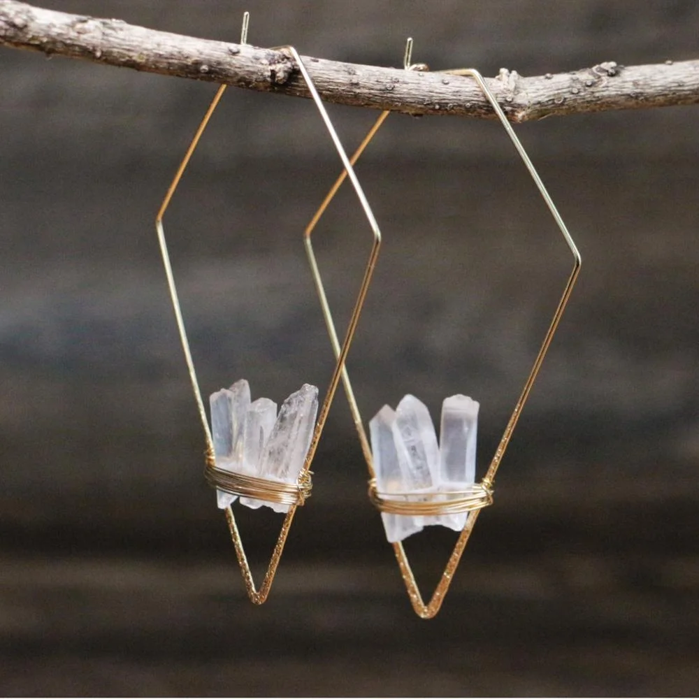 LS-A223 fashion design natural crystal quartz wire wrap earring with gold plated drop earrings  wholesale jewelry