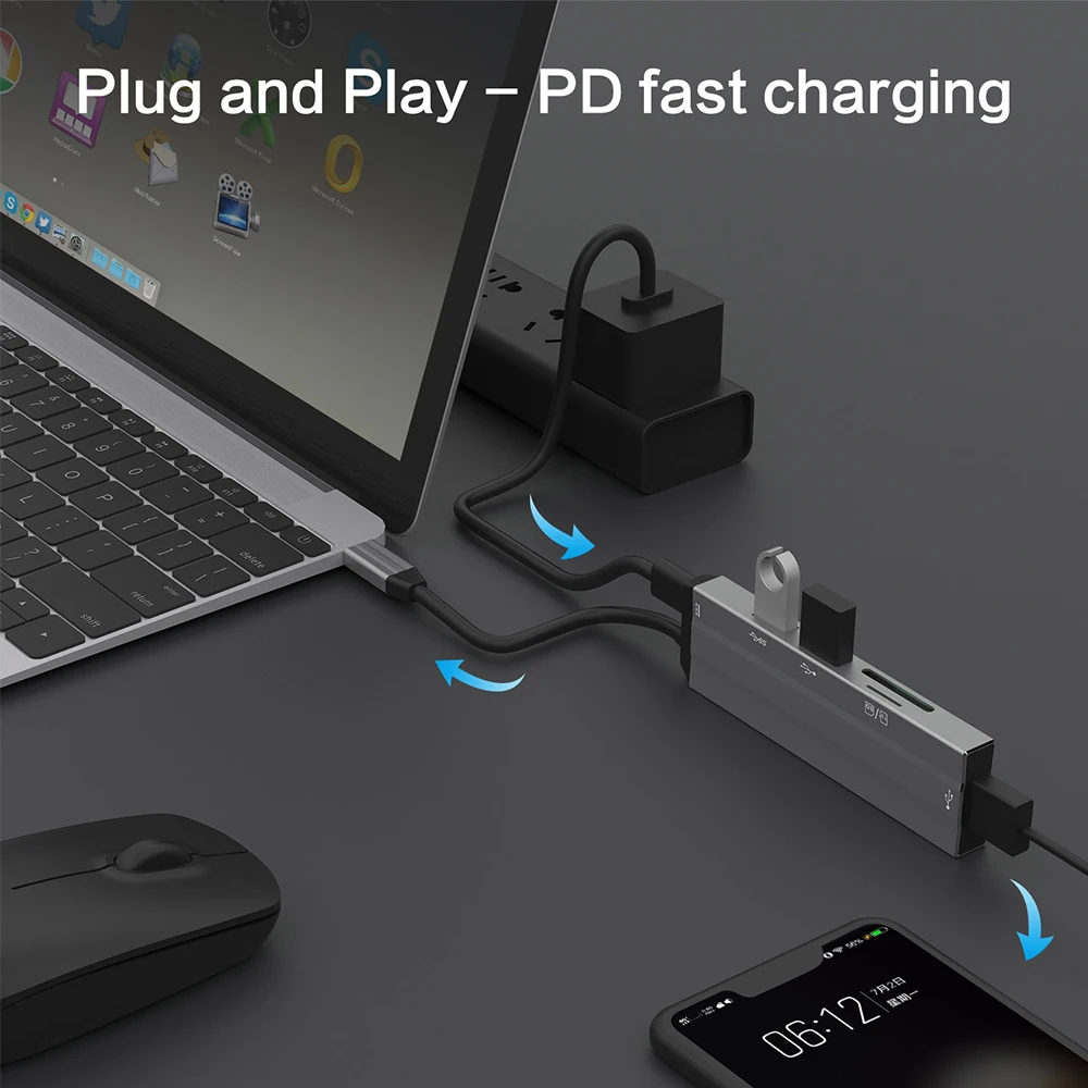  6 в 1 Многофункциональный usb-кабель для передачи данных Док-станция USB C концентратор с SD устройство считывания tf-карт 3 * USB-A PD зарядная станция Macbook Air iPad и Тип ноутбук ОС