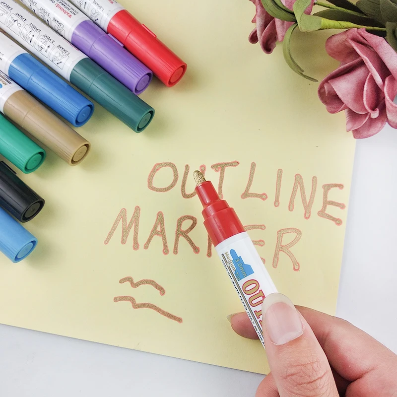 Индивидуальный логотип 12 видов цветов 3 0 мм набор золотых двусторонних маркеров металлический контур маркерная ручка