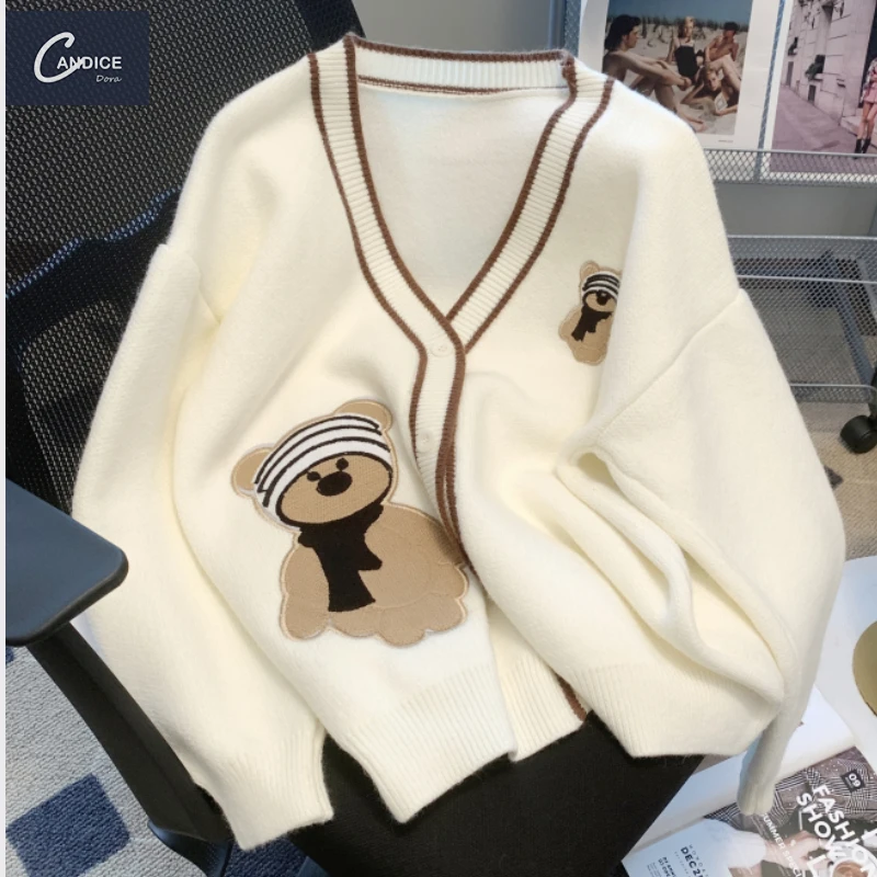 Candice 2023 fall Cardigan cartoon v neck jacquard embroidery cute knitted sweaters women
