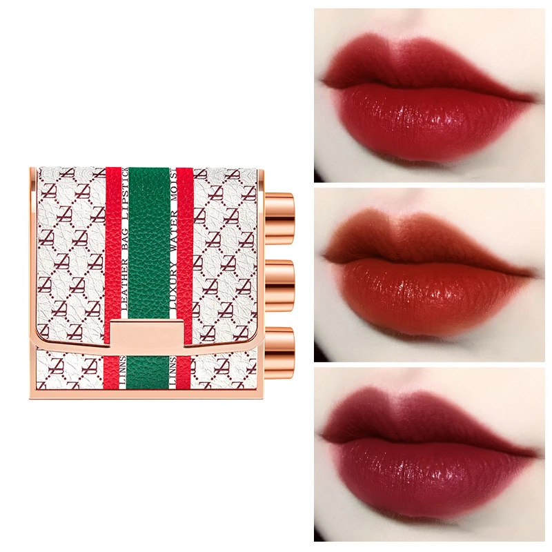 hit color leather bag shape lipstick gift box three colors long-lasting makeup private label waterproof velvet lipstick