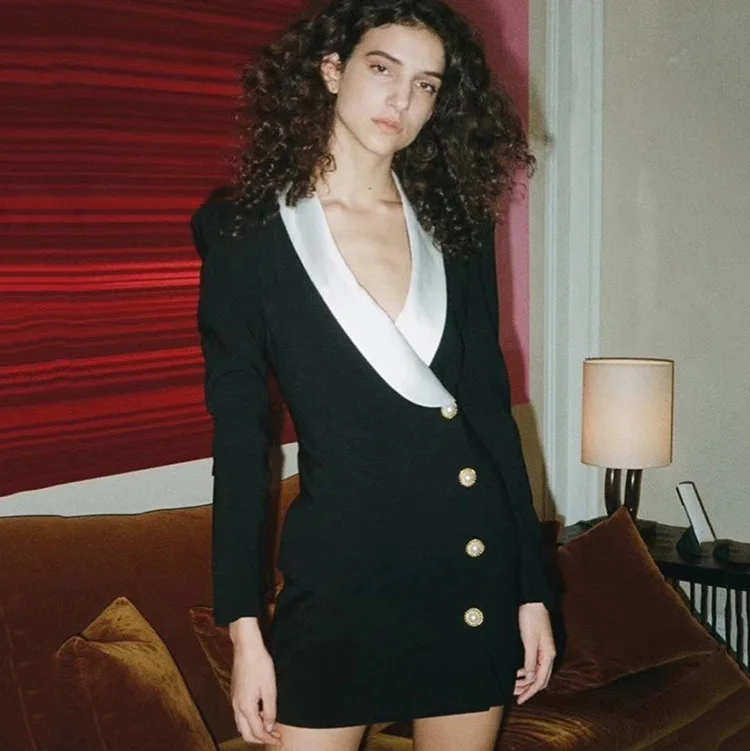 
Retro Suit Formal Dress Lady Temperament Black White Contrast Color Suit Slim Dress 