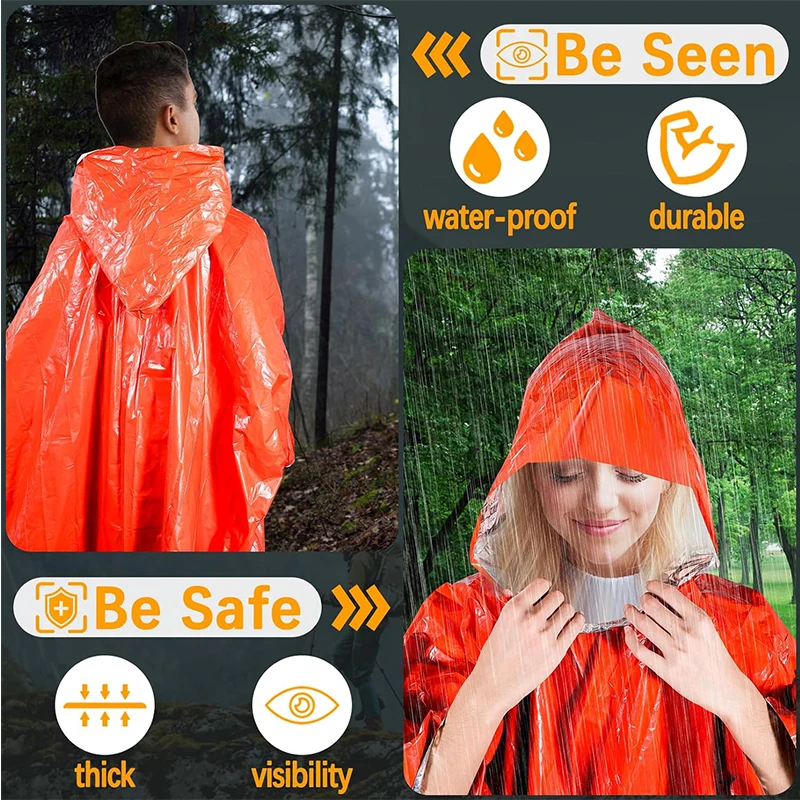 Waterproof Orange PE Aluminium Foil Survival Emergency Rain Poncho With Mylar Blanket Liner