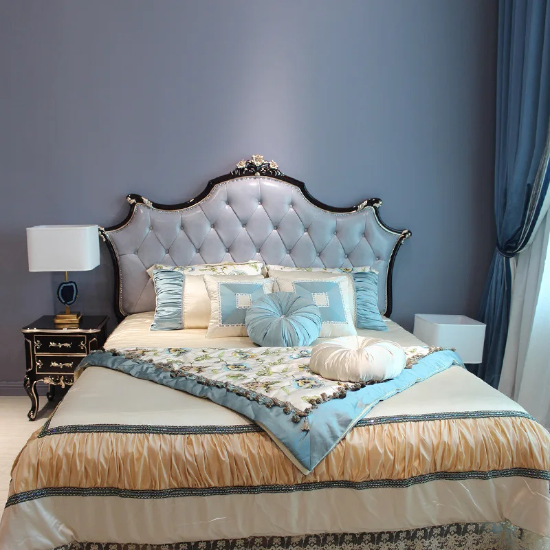 Foshan Factory-Traditional Oak Wood Luxury King Master Bedstead Carved with Dark Polish Queen Size Genuine Leather Interior