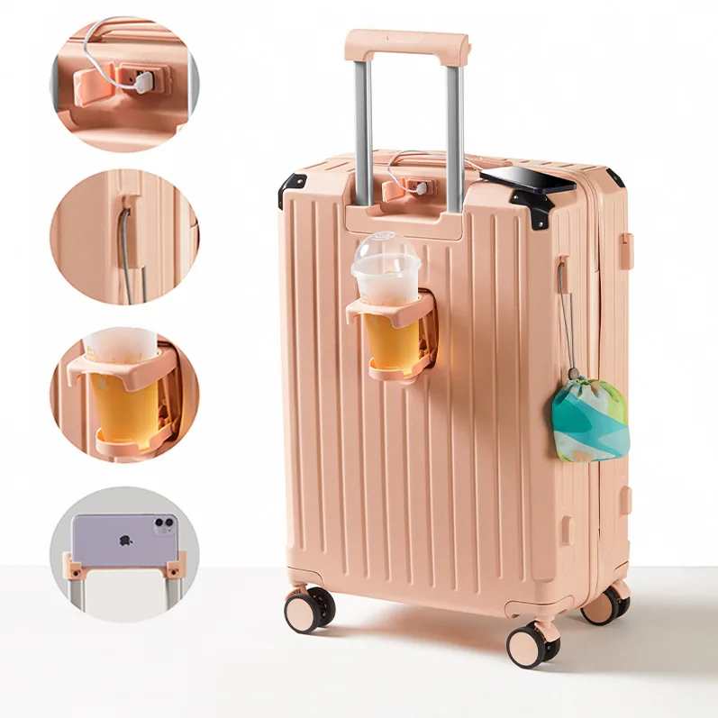 20 24 28 Custom Cabin Luggage Cup Holder Travel Trolly With Usb Charger & Portable Suitcase Luggage Female