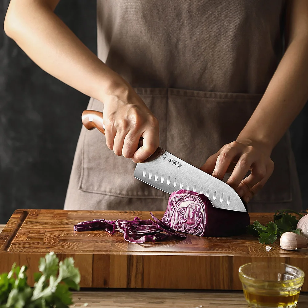 HEZHEN New High Quality Granton Edge Chef Knife German Stainless Steel Red Wood Handle Handmade Santoku Knives