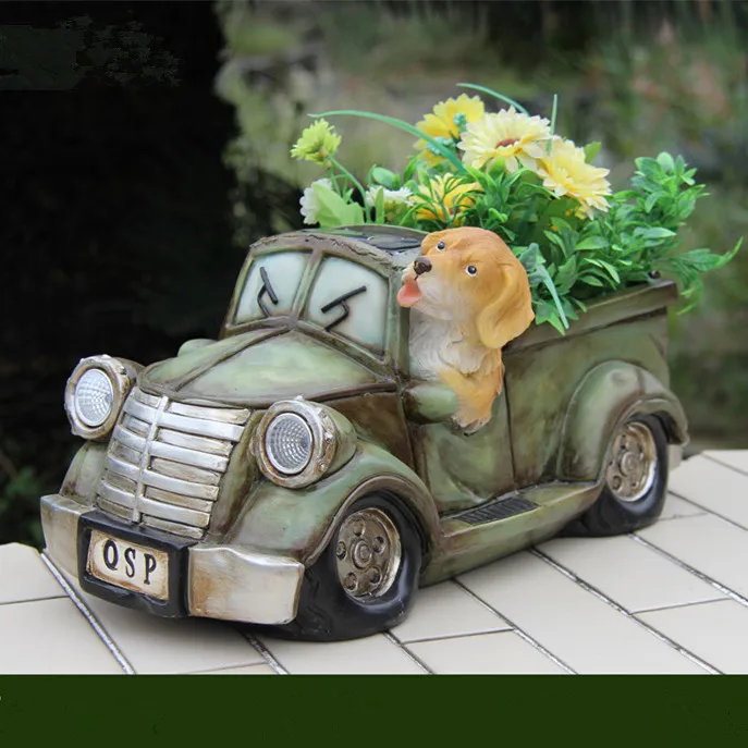 hot sale garden decoration resin retro car truck shape solar LED lights planter flower pot