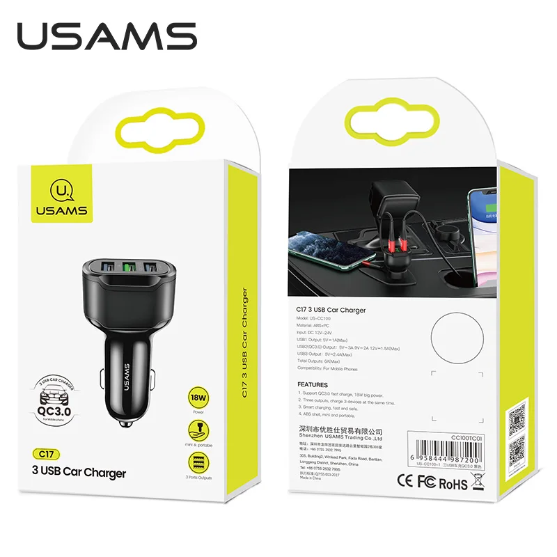2020 USAMS US-CC100-1 C17 3USB зарядка автомобильное зарядное устройство QC3.0 быстрое для мобильного телефона