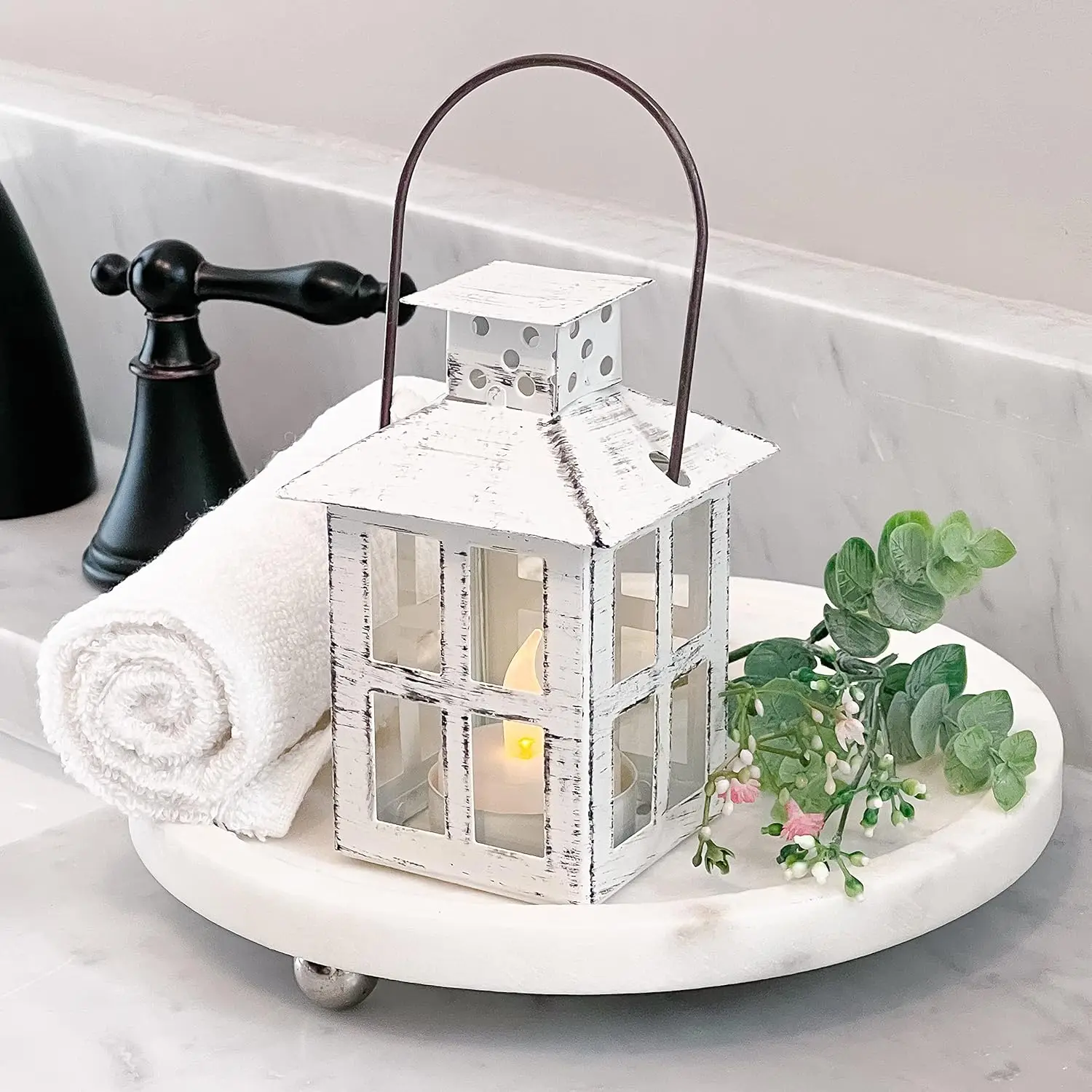 Handmade 5-Inch Farmhouse White Wood Candle Holder Wedding Decorative Metal Lantern for Table Centerpiece or Home Shelf Decor
