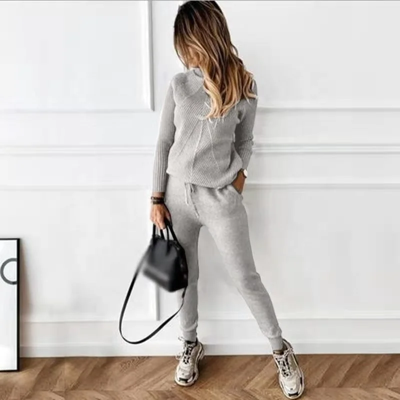 Winter Solid Color Fashion Female High Collar Casual Top Sweater Trousers Suit Set