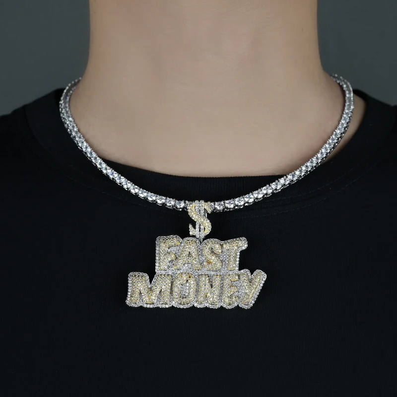 Luxury Hip Hop Bling Men Pendant Full Iced Out Rectangle CZ Cubic Zirconia Dollar Sign Fast Money Necklace Pendant