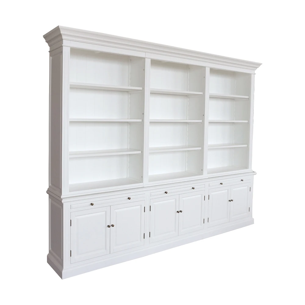 French Provincial Hampton Style Antique Solid Wood Bookshelf White Library Bookcase Wooden P1808W-1