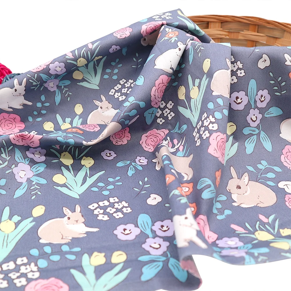 Animal Cartoon Series Printed Bunny Rabbit Rose Tulip Floral Twill Quilting Cotton Fabric For DIY Sewing Quilting