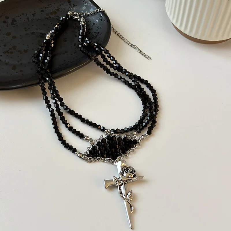 KOMI Vintage Silver Cross Pendant Necklace Layered Black Crystal Beaded Necklace with Cross Charm Choker Necklaces for Women