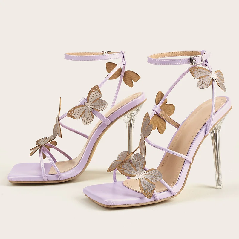 
ISEEYOUFIRST Shoes Woman Hot Selling New PU Leather Peep-Toe Crystal Heel Bowknots Sandals Stiletto High Heel Party Shoes Purple 