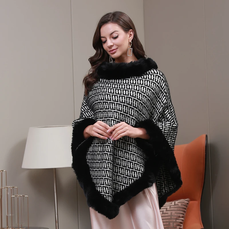 Fall And Winter Of Fashionfaux Fur Trim Cape Quality Fabric Fox Fur Trim Women Cape Coat Faux Cashmere Fur Shawl poncho shawl