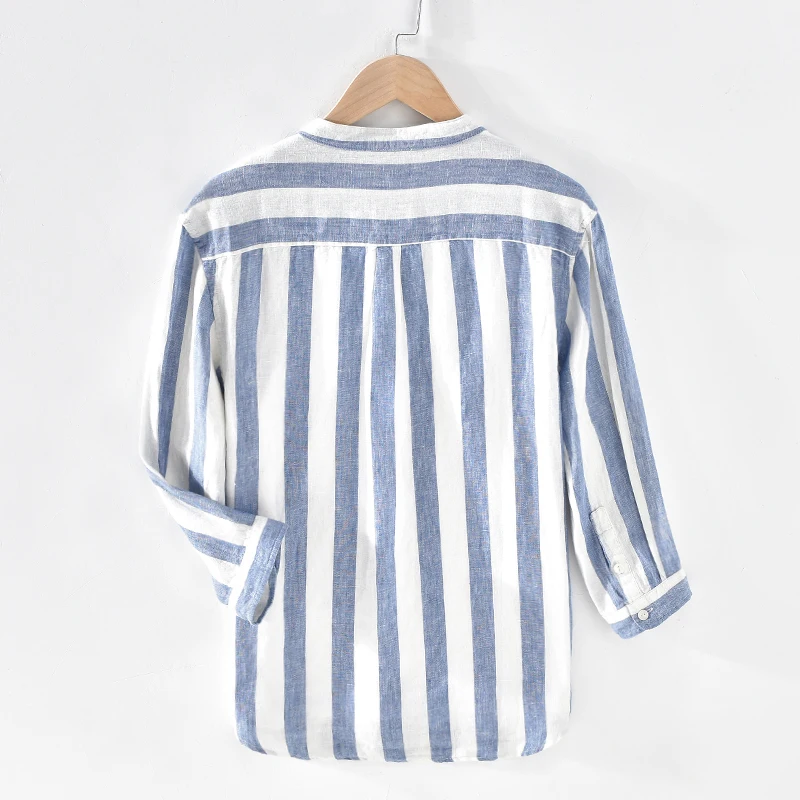 The best quality factory wholesale new 7-point sleeve linen striped casual shirt men