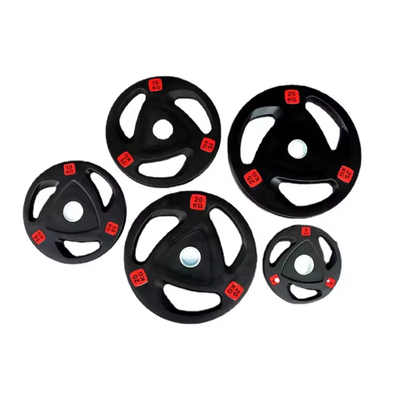 Custom Strength Gym Equipment Barbell Discs 3 Handles Black round edges Tri Grip 3 Holes Rubber Weight Plate