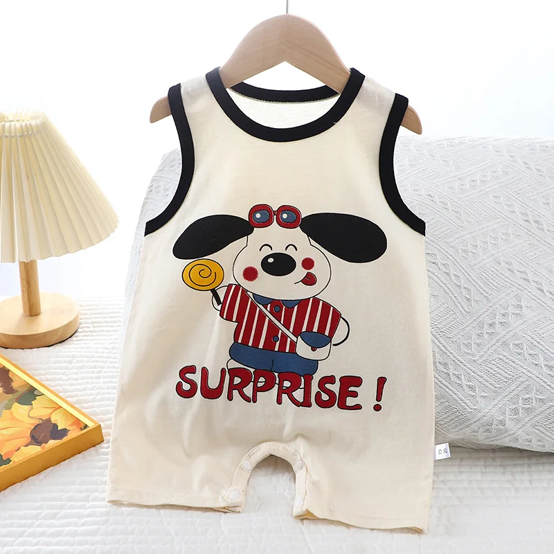 0-1Hot Sell Summer Baby Korean Version Fashion Romper Baby Cartoon Print Cute Cotton Romper Baby Sleeveless Button Thin Jumpsuit