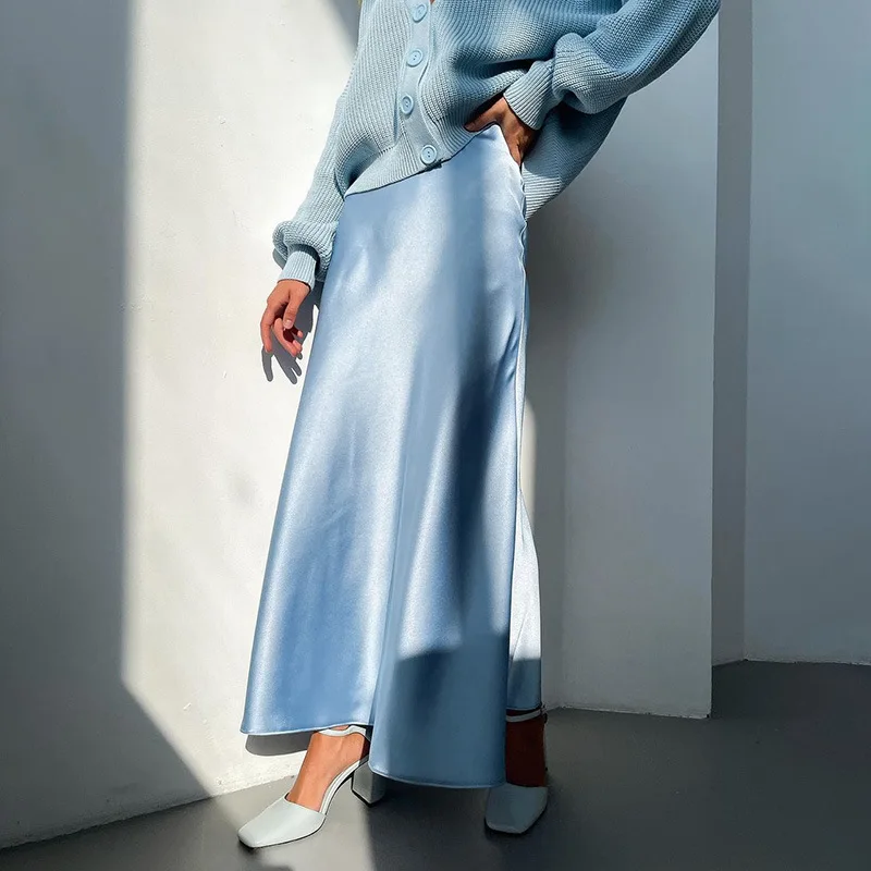 2022 Summer New Fashionable Female Casual Elegant Office Wear Pleated High Waist Midi Skirts Solid Satin Maxi Long Skirts Women