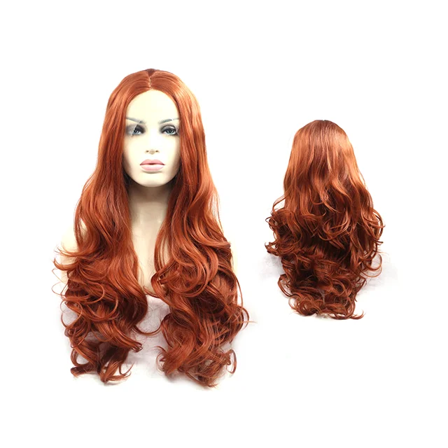 Synthetic Glueless Long Wavy Free Part Half Hand Tied Fashion Women Copper Red Lace Front Wigs