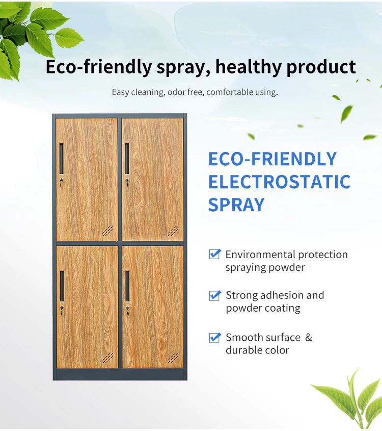 High Quality 4 Door Red Wood Grain Metal Locker Wardrobe Office Transfer Suitable Bedroom Storage Furniture for Home Use