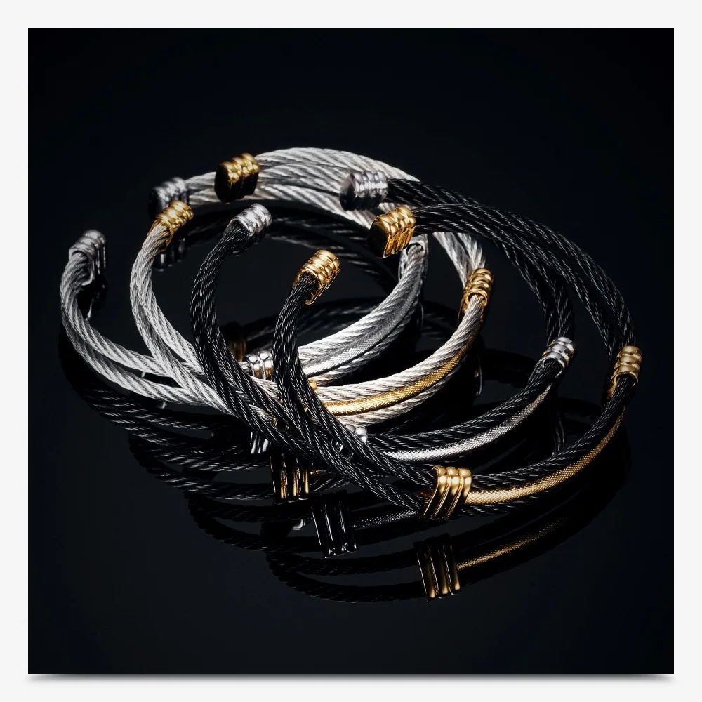 316 L Stainless Steel Chunky Two Tone Twisted Wire Cuff Bracelet  Jewelry Men Non Tarnish Waterproof Cable Cuff Bangle Bracelet