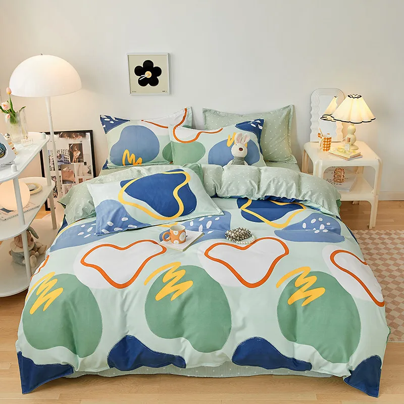 Four-Piece Bed Sheets Plant Printed Floral Duvet Cover Set Quilt Cotton Bedding Set